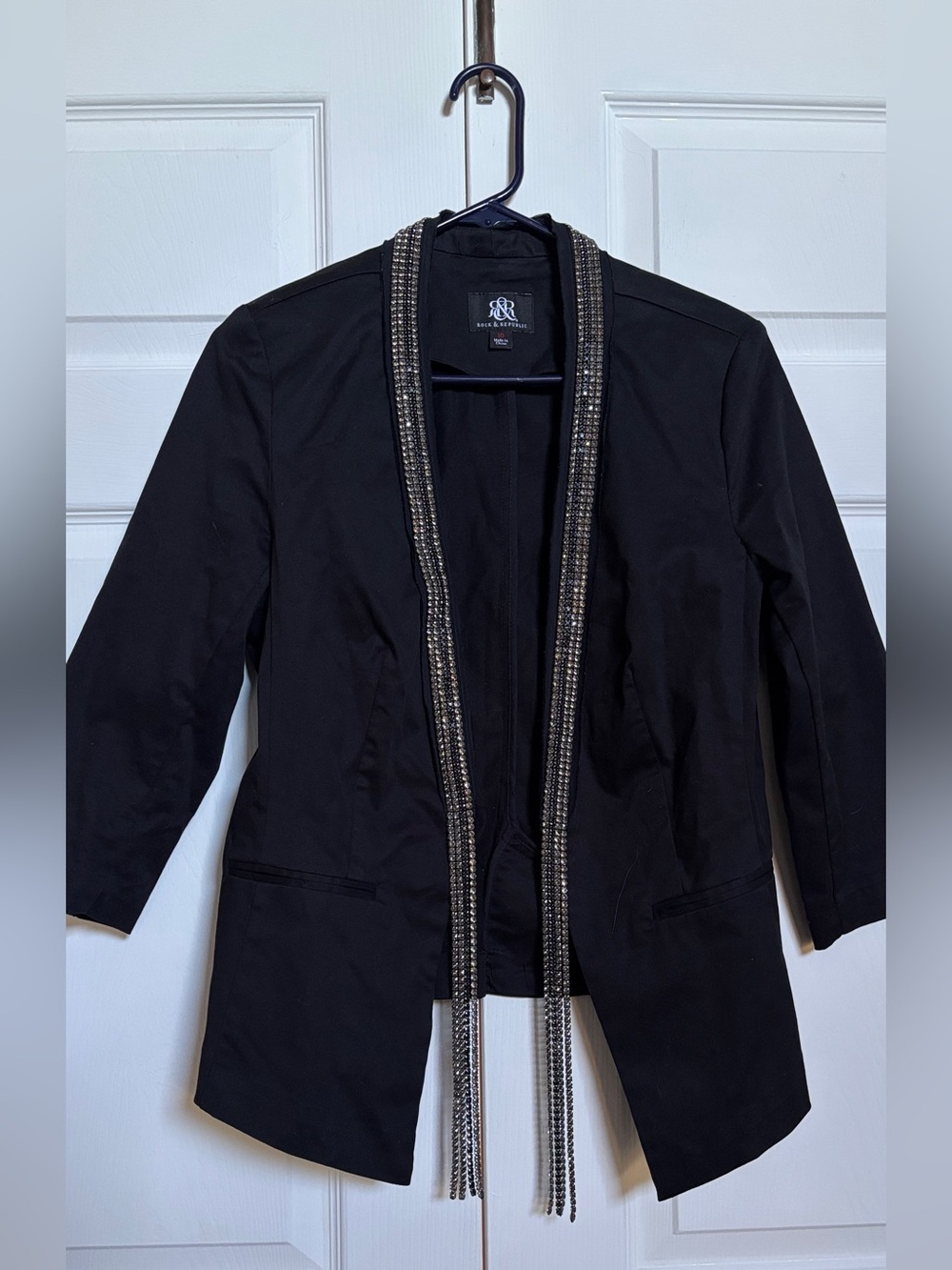 Rock & Republic Black Rhinestone Trim Open Front Blazer Women’s Size 10